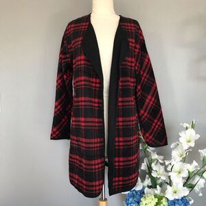 36.5 Plaid Open Front Coatigan Red Black Tartan Longline Cardigan Size S